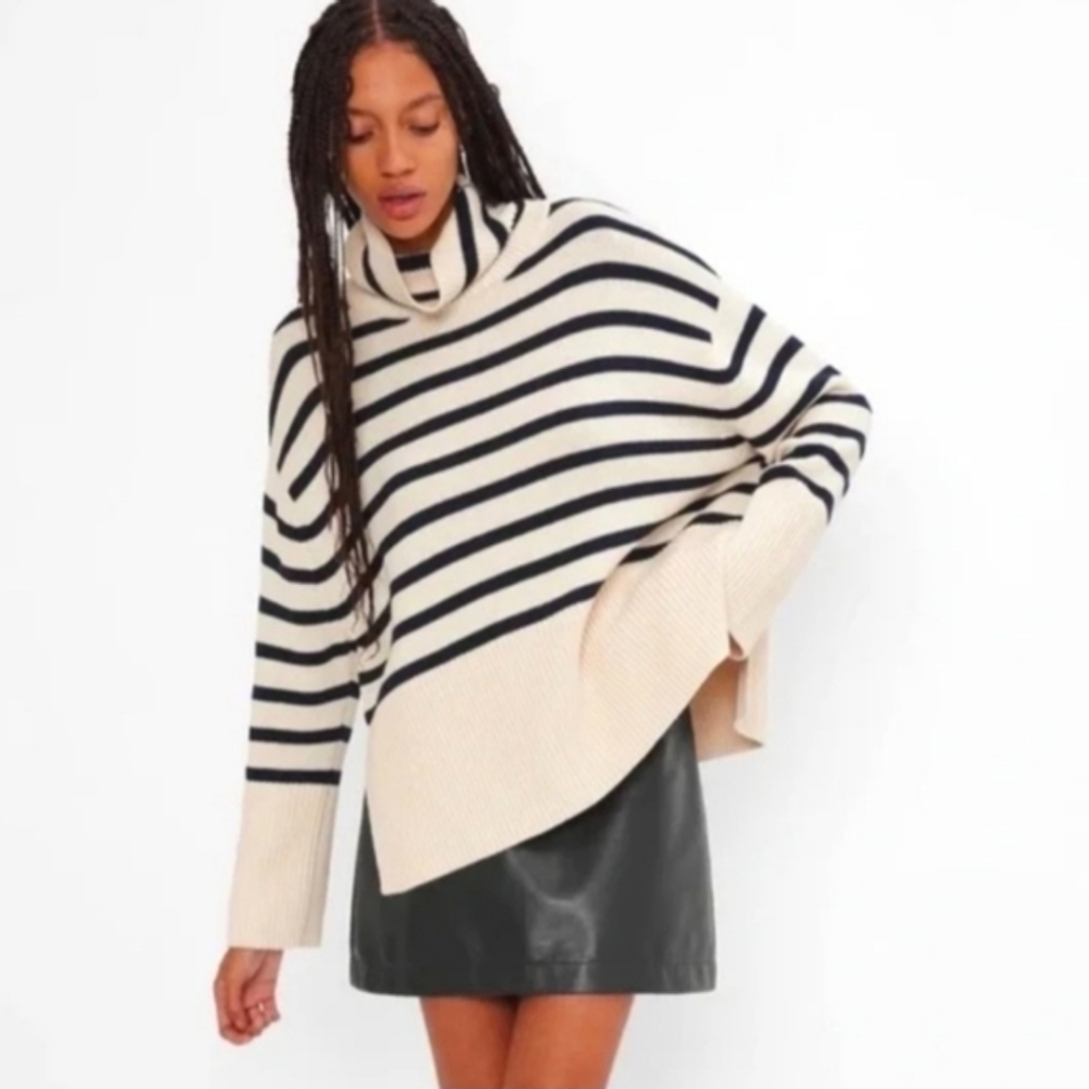 Gap‎ Split-Hem Boxy Oversized Striped Turtleneck Sweater Chunky Knit XL
